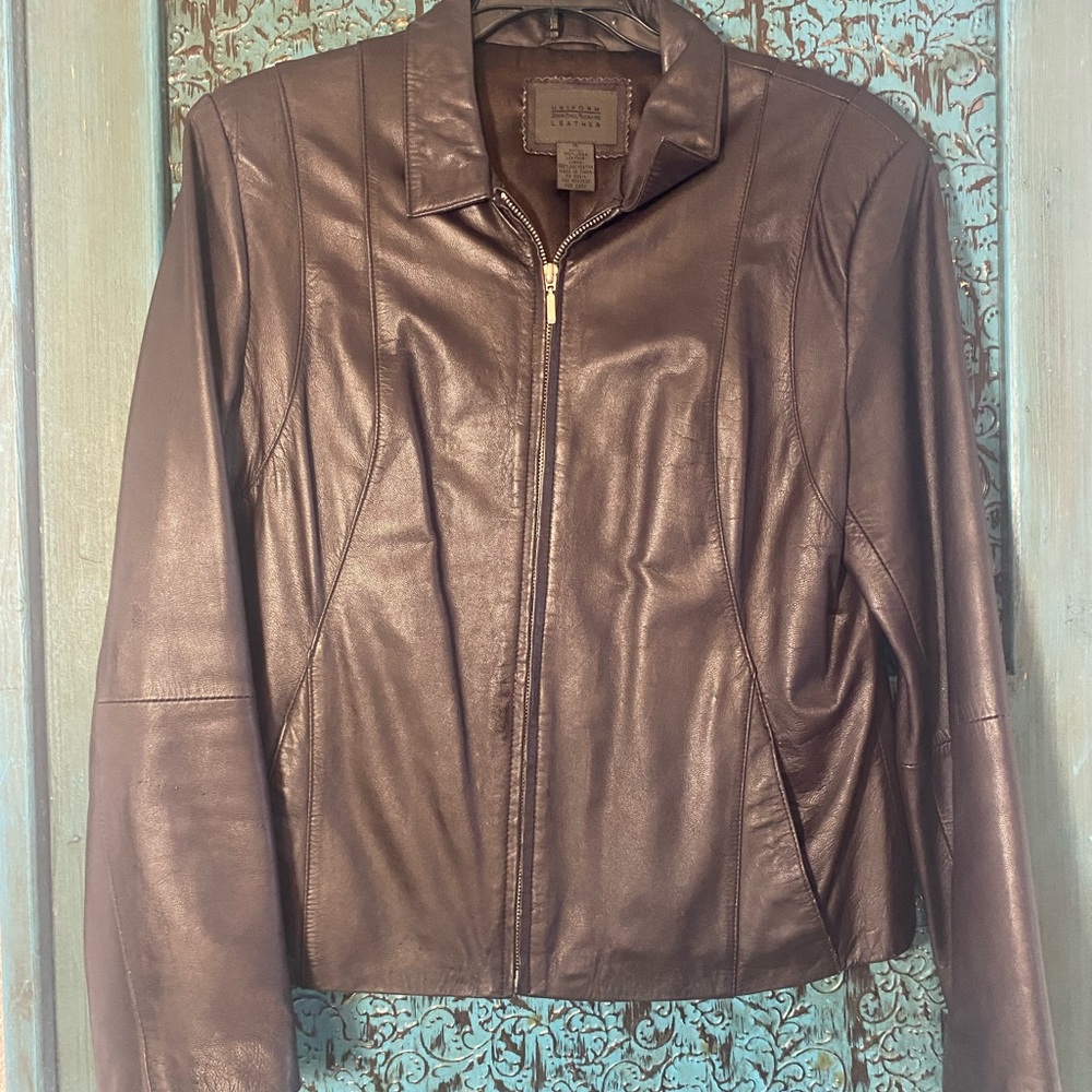 Brown leather bomber jacket